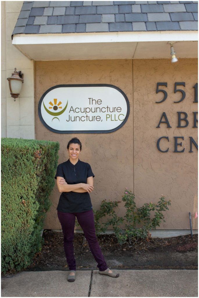 Entrance to the Acupuncture Juncture where fertility and maternity acupuncture are provided. Dr. Emily Guevara pictured at the entrance to her practice.