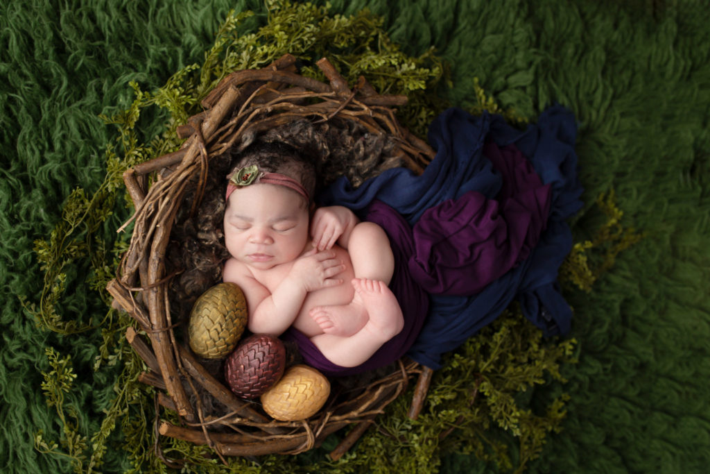 dallas newborn photographer creates baby daenarys mother of dragons game of thrones baby photography session setup