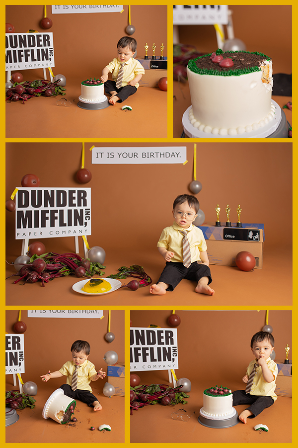 The Office themed cake smash with Baby Dwight first birthday decorations