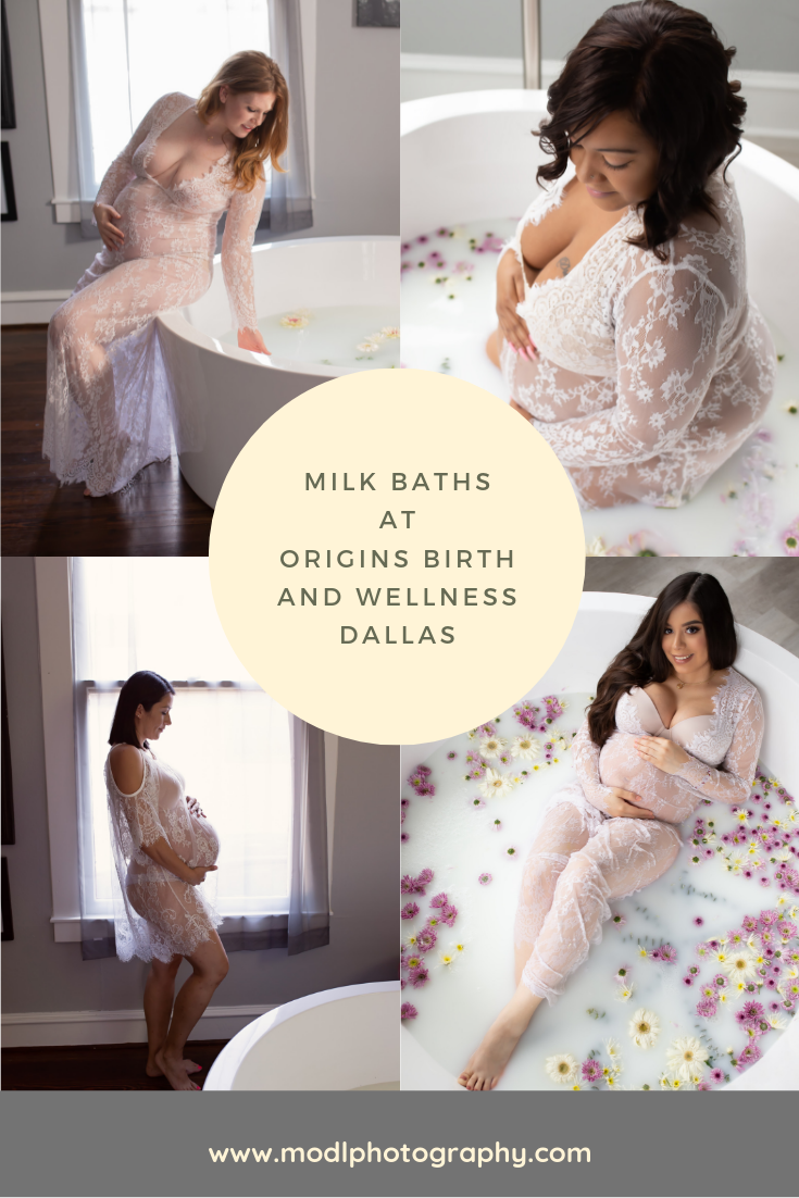 Pregnant mothers featured in lace gowns in milk baths with flowers at Origins Birth Dallas