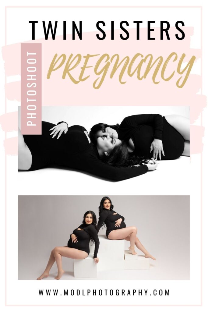 Pinterest image for twin sisters pregnancy photoshoot for Mod L Photography Dallas and Addison Texas maternity and newborn photographer Laura Levitan